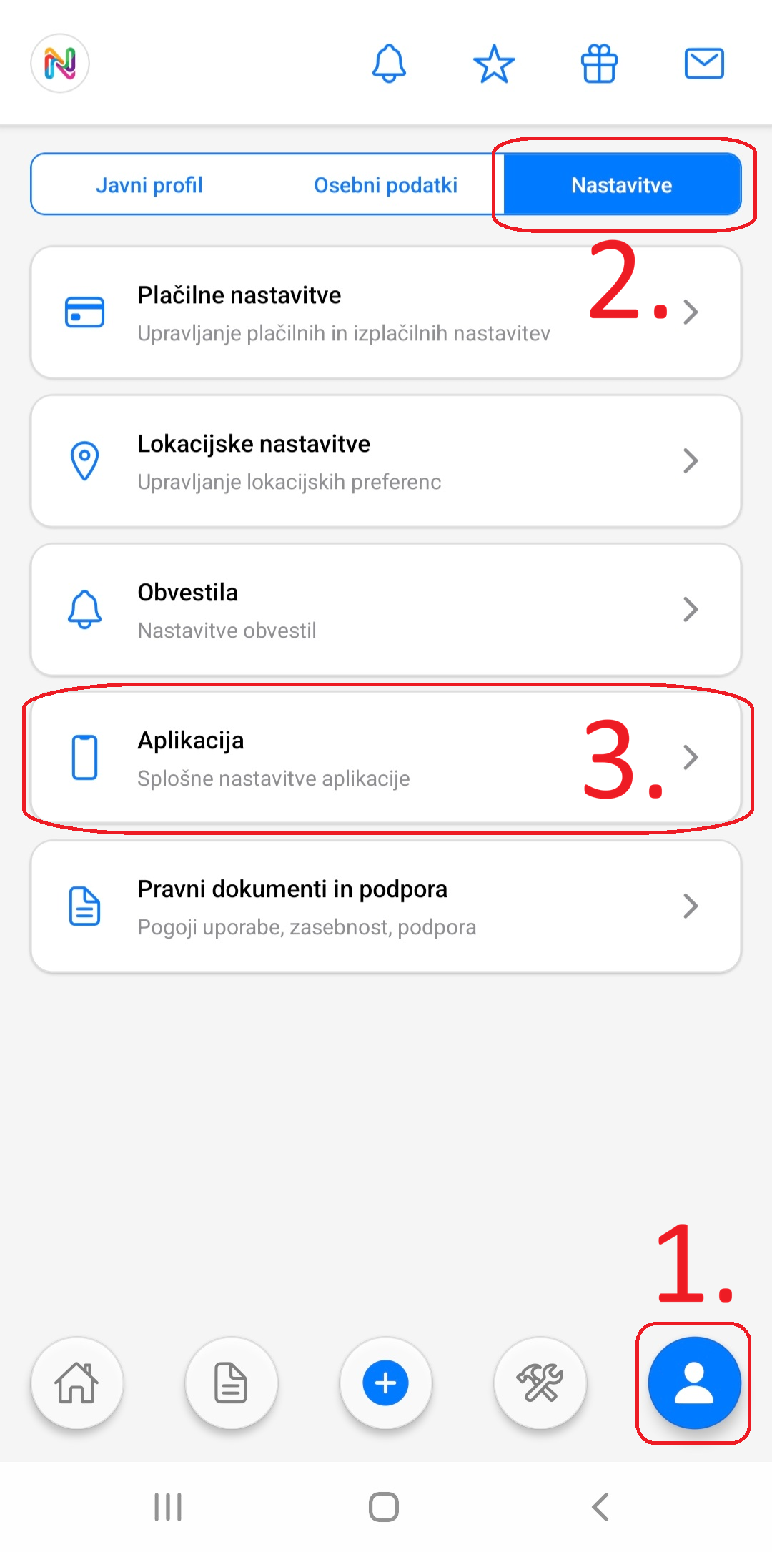 Korak 1–3: Navigacija do nastavitev aplikacije